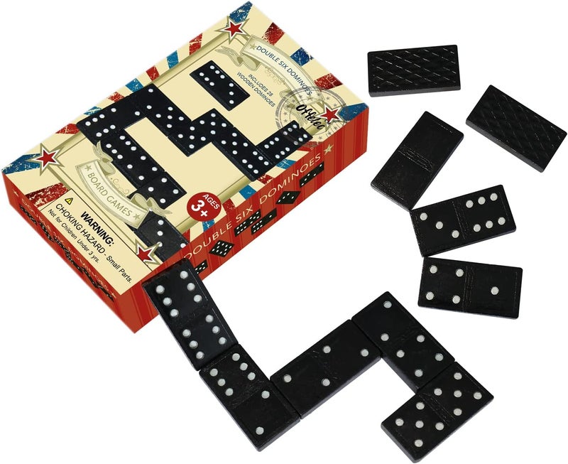 Offelec Wooden Double 6 Domino Set - 28 Tiles Black Dominoes for Kids, Adults, and Family Games Night | Ideal for 2-4 Players | Perfect for Classroom, Party, Travel, and Gifting | Classic Board Game - Image 1